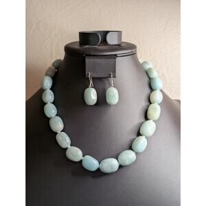 GSJ Sterling Silver Natural Blue Aqua Stone Bead Necklace & Dangle Earring Set